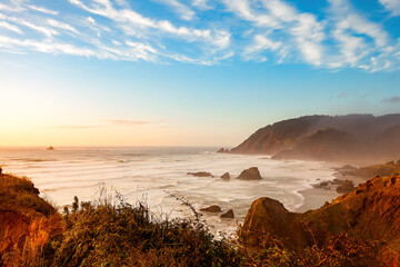 Indian Beach at Ecola State Park in Oregon at sunset.
