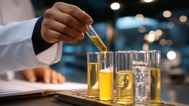 A technician extracts DNA for telomere analysis in a genetics lab with lysis buffers bubbling pipettes dispensing centrifuge tubes spinning and a lab notebook open presented