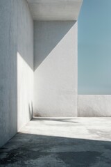 A minimalistic architectural scene with stark concrete walls, geometric shadows, and a pale blue sky. The composition captures the serene beauty of modernist architecture through clean lines, light