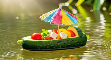 Cucumber Boat with a Miniature Paper Parasol under Bright Sunlight Summer Fun