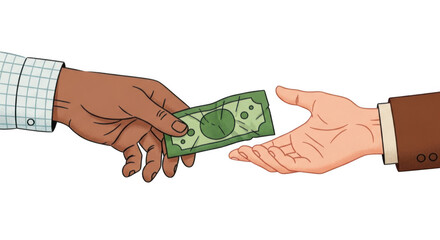 Closeup of one hand giving a cash bill to another hand, isolated on transparent background