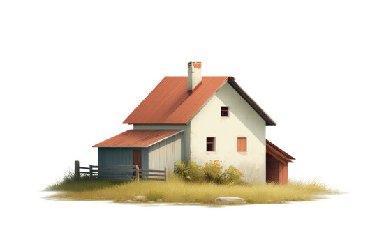 Charming rural house with red roof and white walls in serene countryside, cut out
