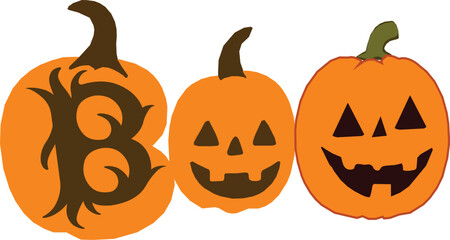 Spooky season fun with three adorable pumpkins spelling out Boo for Halloween decorations and festive designs, a delightful Halloween vibe