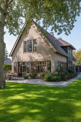 Obraz premium A stunning, contemporary house is nestled in a serene neighborhood, beautifully framed by lush green lawns and trees, all under a bright, sunny sky