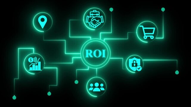 ROI Return on investment financial growth,Roi concept with glowing neon icons on black background return on investment, business, finance, and marketing strategy increase profits and maximize returns
