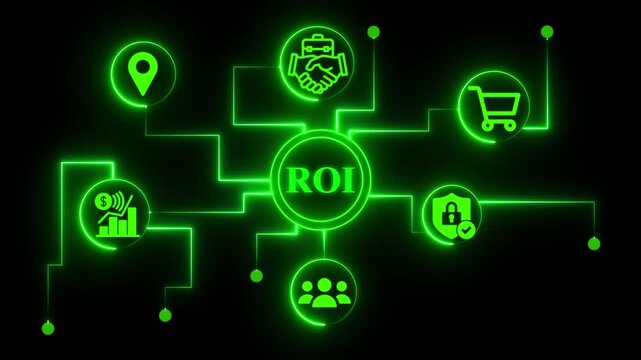ROI Return on investment financial growth,Roi concept with glowing neon icons on black background return on investment, business, finance, and marketing strategy increase profits and maximize returns