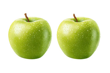 Two fresh green apples with water droplets on black background, cut out