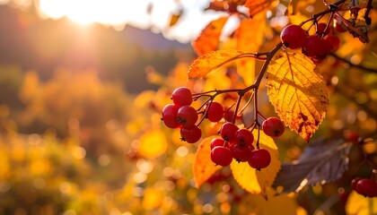 Autumnal berries, bathed in golden sunlight.  Bright red berries cluster on a branch with vibrant yellow and gold leaves.  Blurred background of more autumn foliage and a sunlit distant landscape