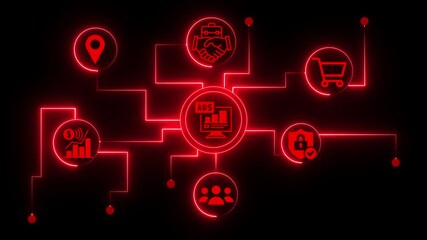 A vibrant red neon artwork showcases interconnected business elements like location, partnership, shopping, security, teamwork, and growth, all set against a black background - Powered by Adobe