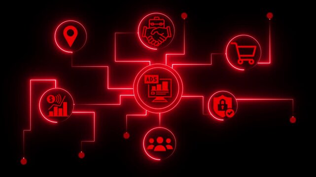 A vibrant red neon artwork showcases interconnected business elements like location, partnership, shopping, security, teamwork, and growth, all set against a black background