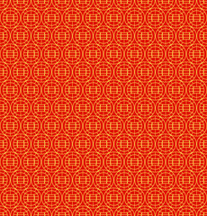 Seamless Red Background Pattern with Golden Chinese Coin Motifs, Circular Outlines, Square Centers, and Intricate Radial Lines for Festive Traditional Designs