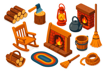Rustic Cabin Essentials. Isometric vector illustration set Rustic Cabin Supplies: woodpile, chopping stump, hatchet, lantern,