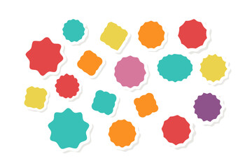 Collection of colorful starburst shapes and square shapes with white border on white background