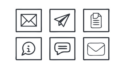 Six square icons depicting mail, paper plane, document, info, chat, and envelope in black outline