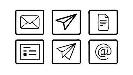 Collection of six distinct communication icons including email, paper plane, and document symbols neatly framed