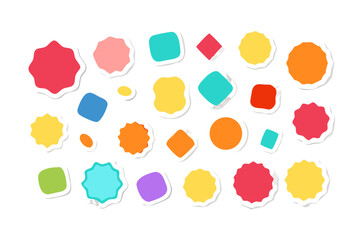 Collection of colorful stickers with various shapes and white borders on a white background