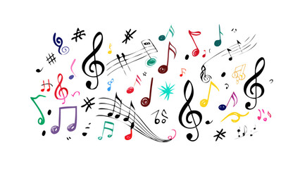 Colorful musical notes and symbols scattered on a white background in a playful arrangement style