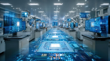 Obraz premium High tech semiconductor lab featuring multiple robotic arms and advanced computer systems. environment showcases futuristic design with intricate circuit patterns floor, creating dynamic