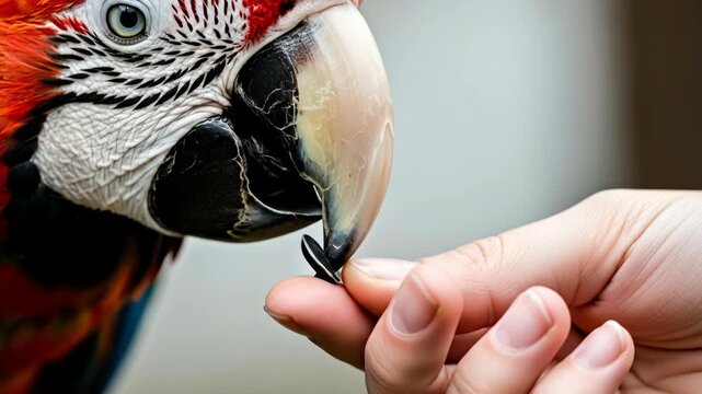 Macaw parrot taking a seed from a human hand, close up on big bird beak with an insect, beautiful nature fauna footage.