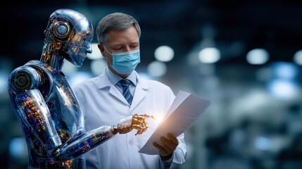 Naklejka premium Senior scientist in lab coat is guiding robotic assistant while reviewing documents. scene conveys sense of collaboration between technology and research, highlighting innovation in science
