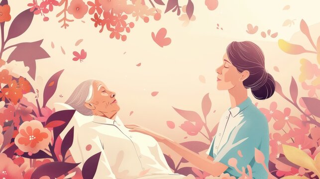 Compassionate care in hospice setting during palliative care month. Horizontal banner. Copy space. Flat illustartion