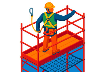 Scaffold Safety Illustration. Isometric vector illustration set Worker Safety on Scaffold: construction worker with hard hat and