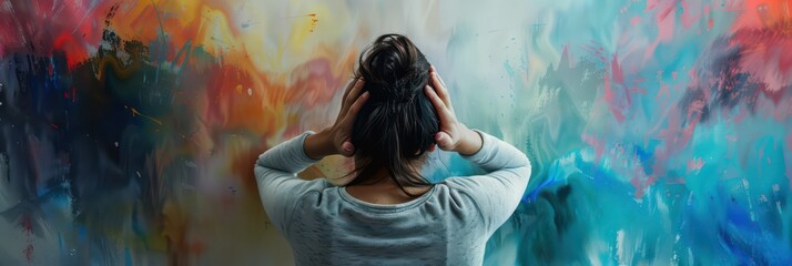 Stress awareness concept with woman covering ears against colorful chaotic background. Horizontal banner. Copy space. Mental Health Day
