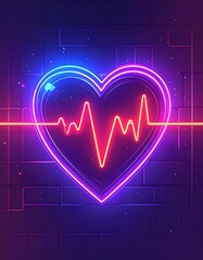 Neon heart graphic with heartbeat line on brick wall