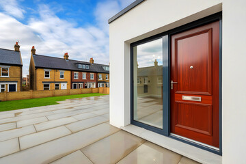New house with a door and white wall. 3D model of a large patio in a modern home.