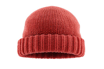 Cozy red knitted beanie hat with ribbed cuff on black background, cut out