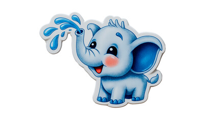 Baby elephant sticker happily spraying water with a playful expression in bright blue colors