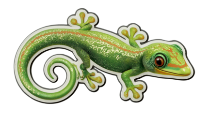 Winking green gecko sticker with a curled tail showcases bright colors and playful design for any surface decoration