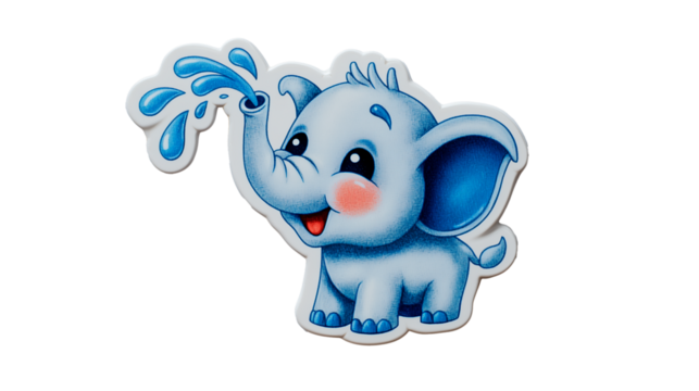 Baby elephant sticker happily spraying water with a playful expression in bright blue colors