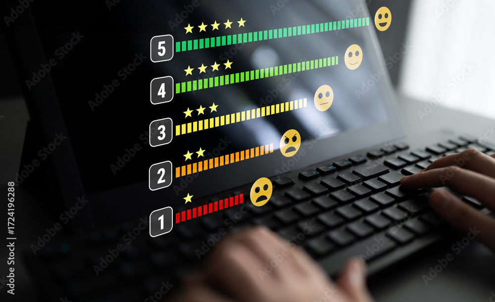 Poster a customer satisfaction feedback and five star rating system. a concept for service review, product 