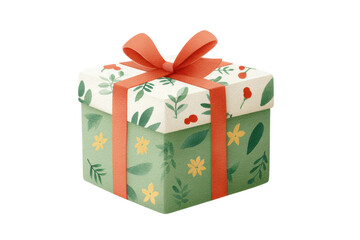 Decorative floral gift box with red ribbon and green pattern, cut out