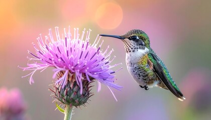 Fototapeta premium Hummingbird on a purple thistle flower. Soft, pastel colors