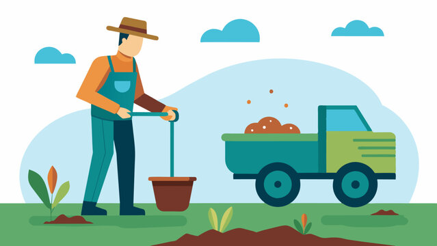 A farmer using a smart manure spreader applying manure in precise and controlled amounts to avoid overfertilization.. Vector illustration