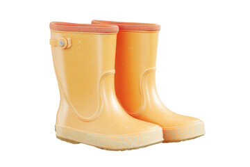 Bright orange children's rain boots with textured soles and straps, cut out