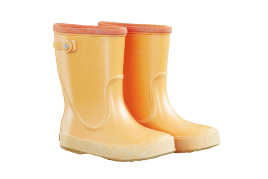 Bright orange children's rain boots with textured soles and straps, cut out