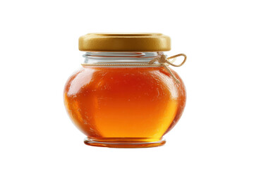 Golden honey jar with lid and bow on white background, cut out
