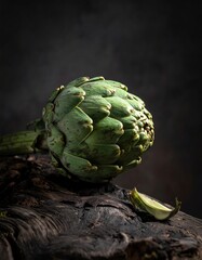 Close-up of a fresh artichoke on a wooden surface