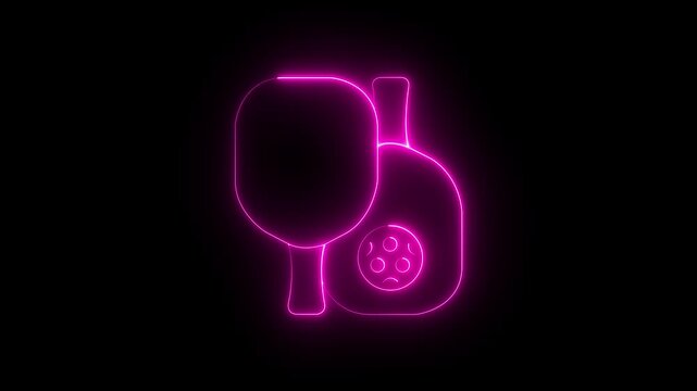 glowing neon pickleball paddles and ball icon animation on black background. Two paddles and ball icon. Sport equipment. Pickleball Animation.