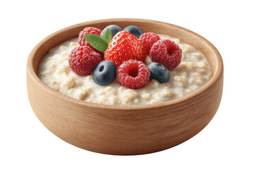 Bowl of creamy oatmeal with fresh berries and mint leaves, cut out