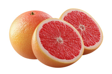 Fresh whole and halved grapefruits on white background, cut out