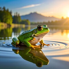 Green frog on a calm lake at sunrise