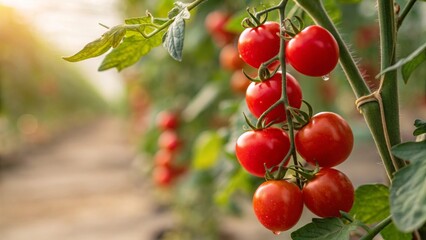 Tomato Plant in Greenhouse: A close-up shot captures the vibrant beauty of a tomato plant in a sun-drenched greenhouse, showcasing ripe, juicy tomatoes ready for harvest.