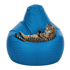 Tabby cat relaxing in blue beanbag chair with phone isolated on transparent background