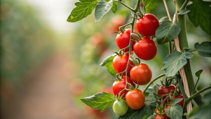 Tomato Plant's Bounty: Capturing the natural beauty and freshness of a vibrant tomato plant, its ripe fruits hanging amidst lush green leaves and soft light of a spring day.