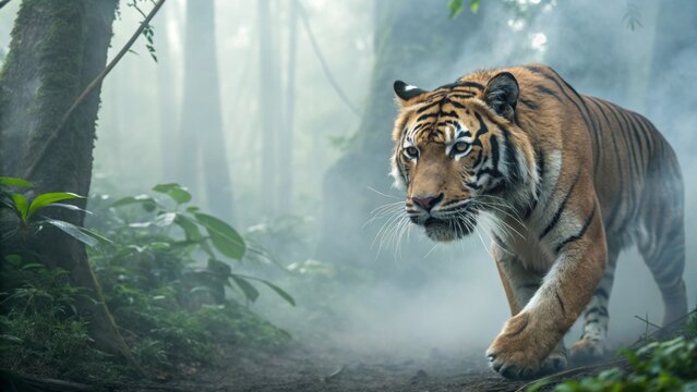 Tiger in the Mist: A majestic tiger strides through a misty forest path, its powerful presence commanding attention amidst the lush, verdant foliage. The scene evokes a sense of raw wilderness. 
