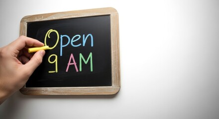 A hand with yellow chalk writes Open 9 AM on a small blackboard with a wooden frame